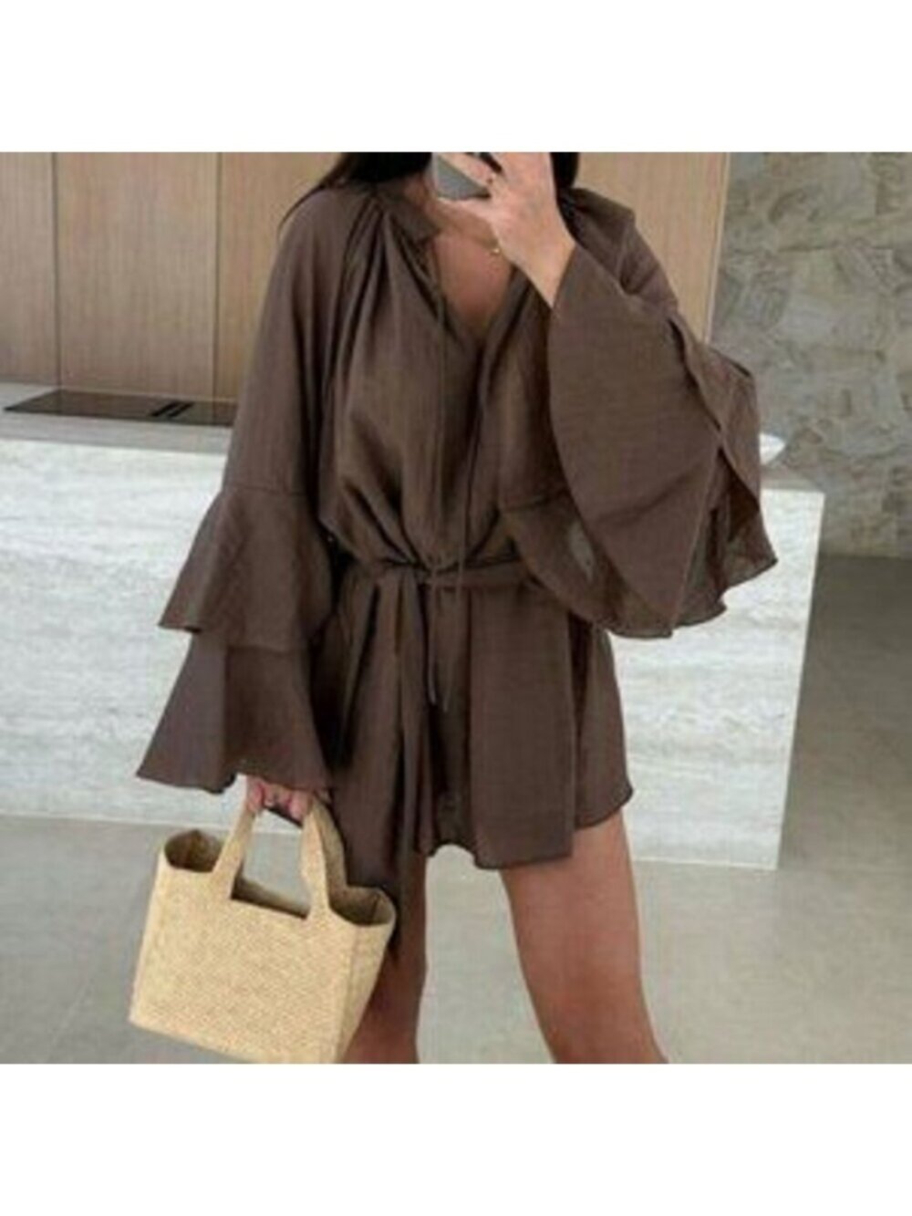 Coffee Boho Women's V-Neck Asymmetrical Tie-Up Long Sleeve Loose Mini Dress - Picture 2 of 5